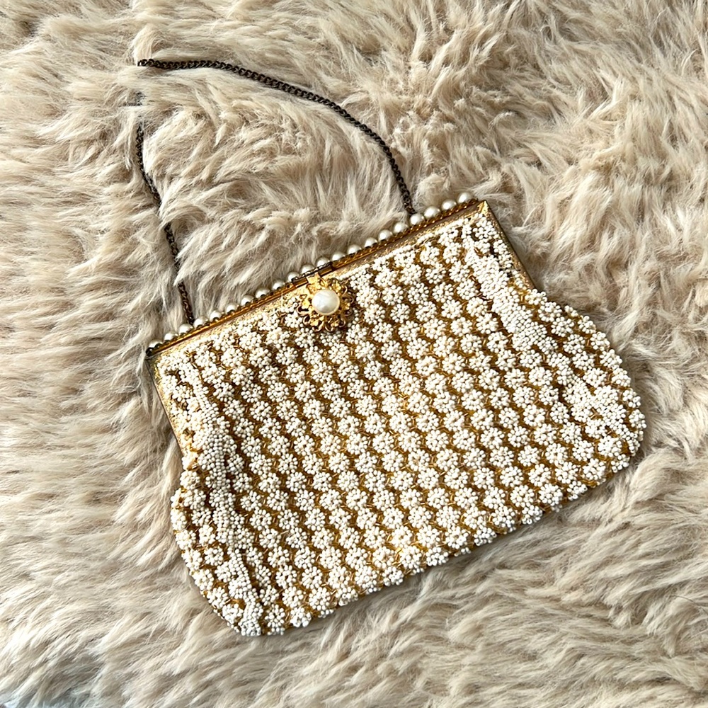 Vintage French micro beaded purse, silk lining, brass chain and closure